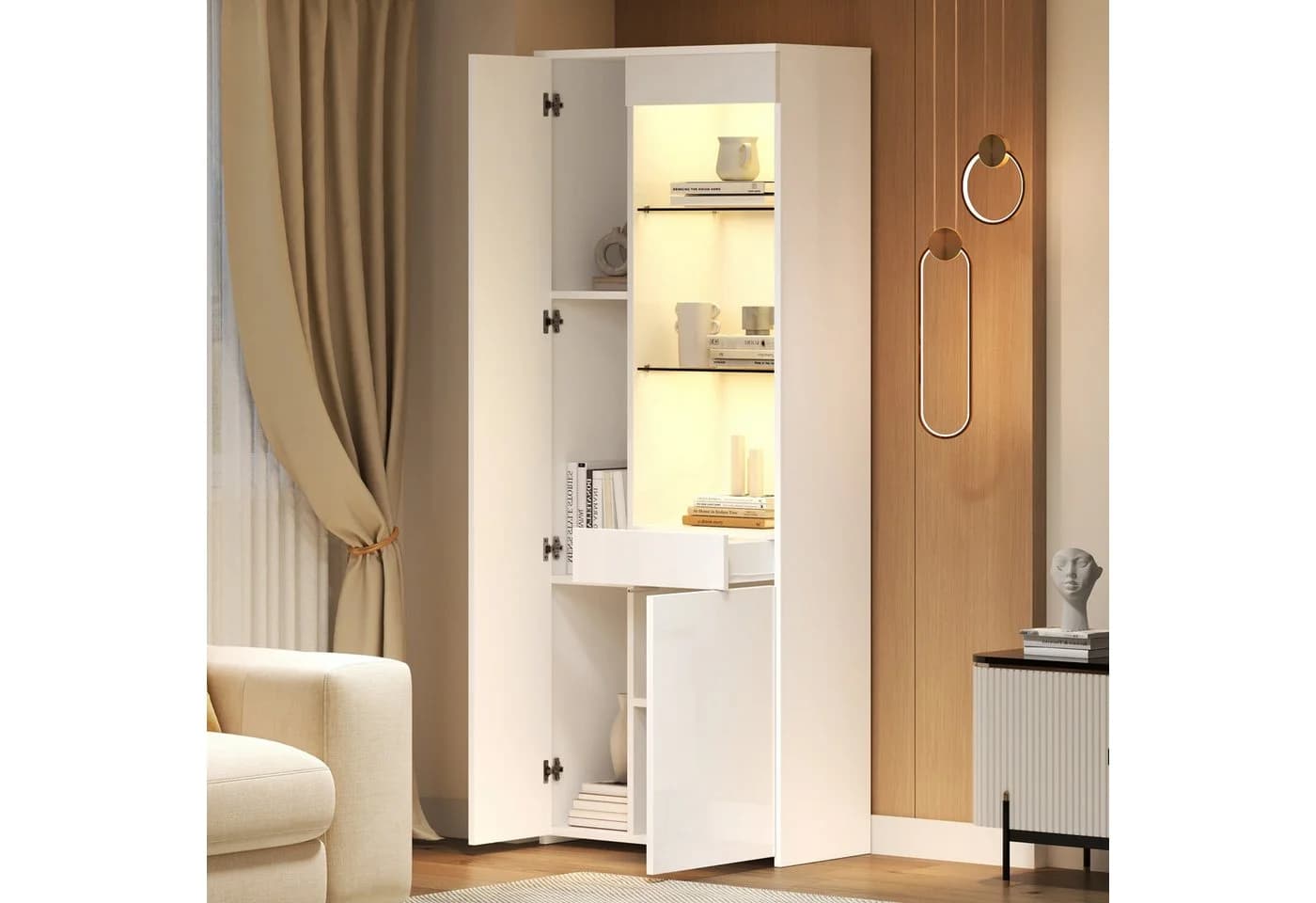 Merax Glasvitrine Hochglanz Vitrine mit LED