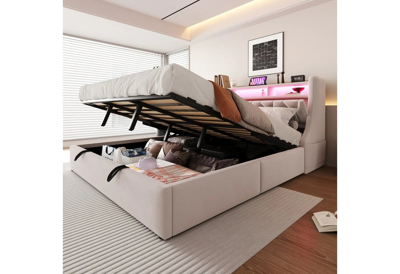 Merax Polsterbett 180x200 cm mit Stauraum, LED & USB Beige - Bild 2