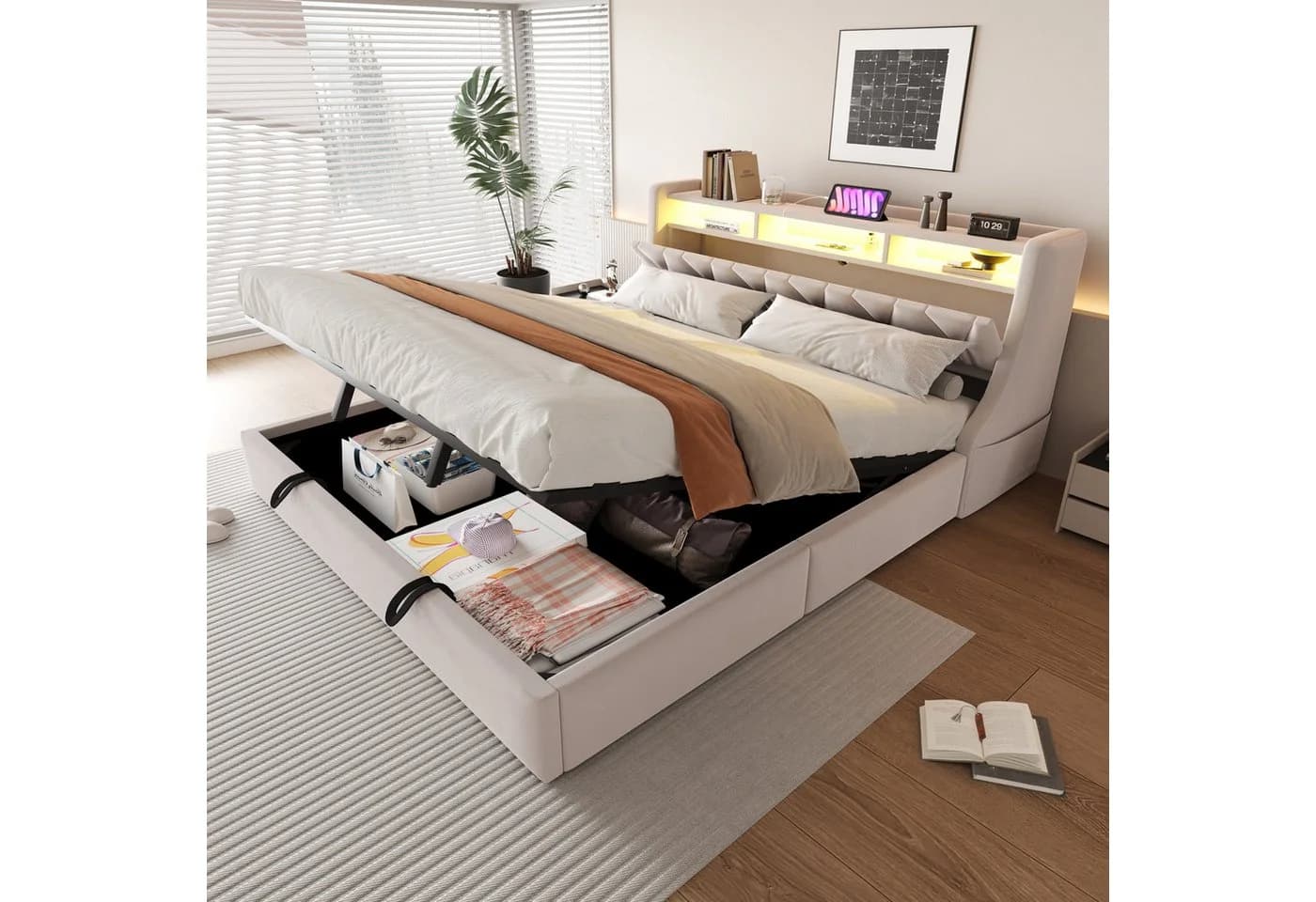 Merax Polsterbett 180x200 cm mit Stauraum, LED & USB Beige - Bild 3