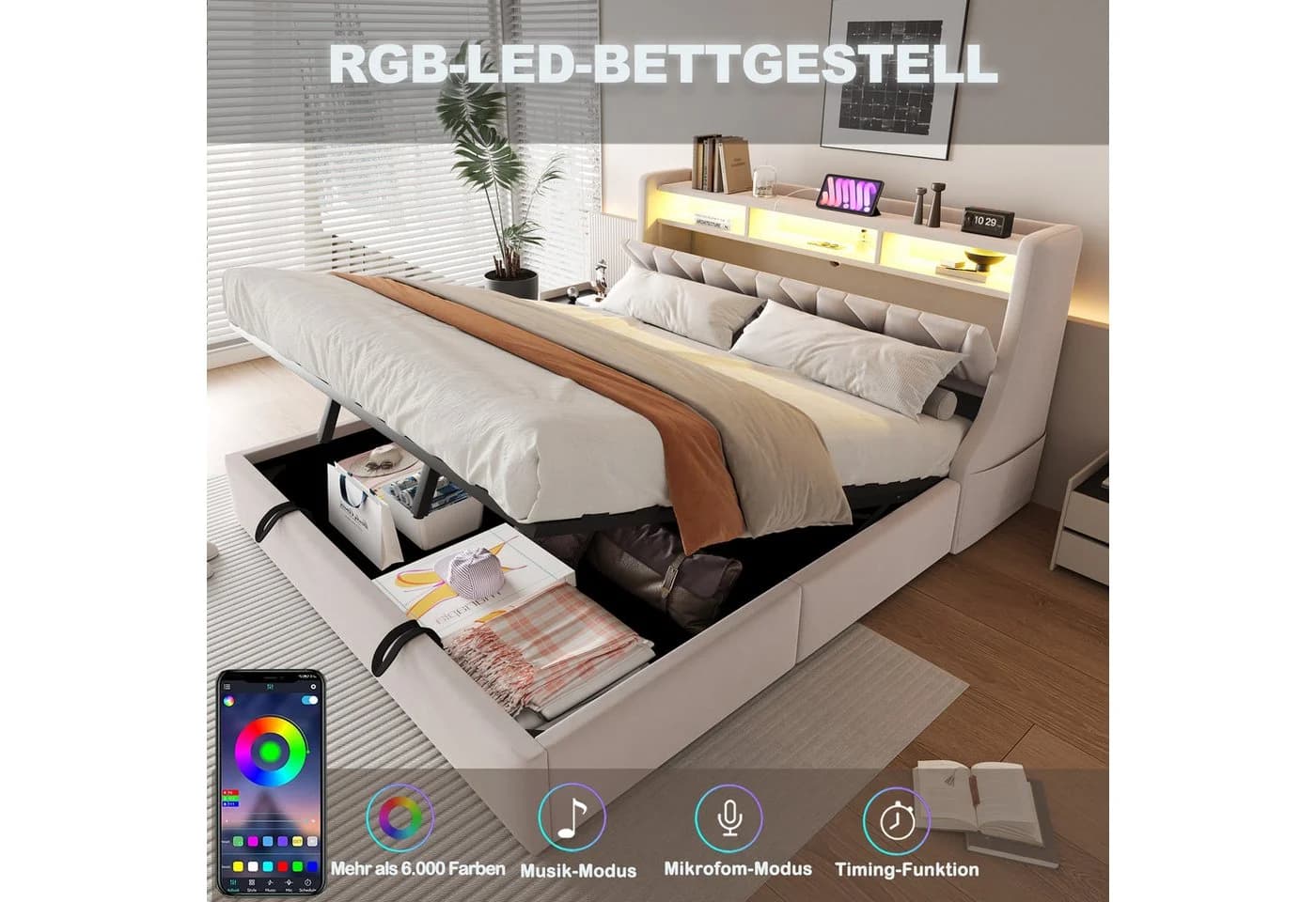 Merax Polsterbett 180x200 cm mit Stauraum, LED & USB Beige - Bild 4