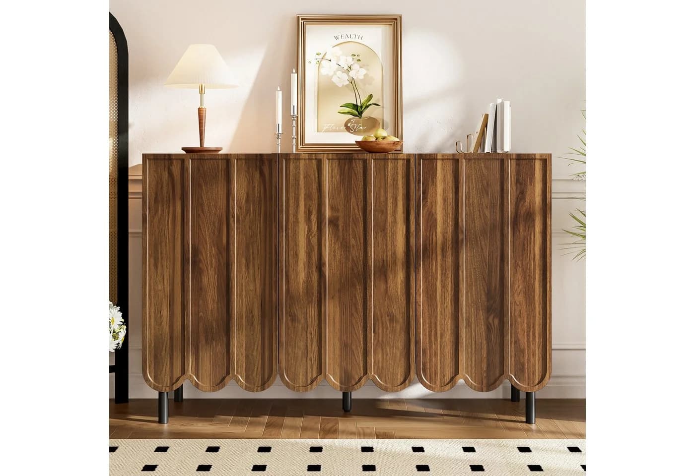 Merax Sideboard in Holzoptik mit Push-to-Open-System, Kommode mit 3 Wellentüren & verstellbaren Regalen