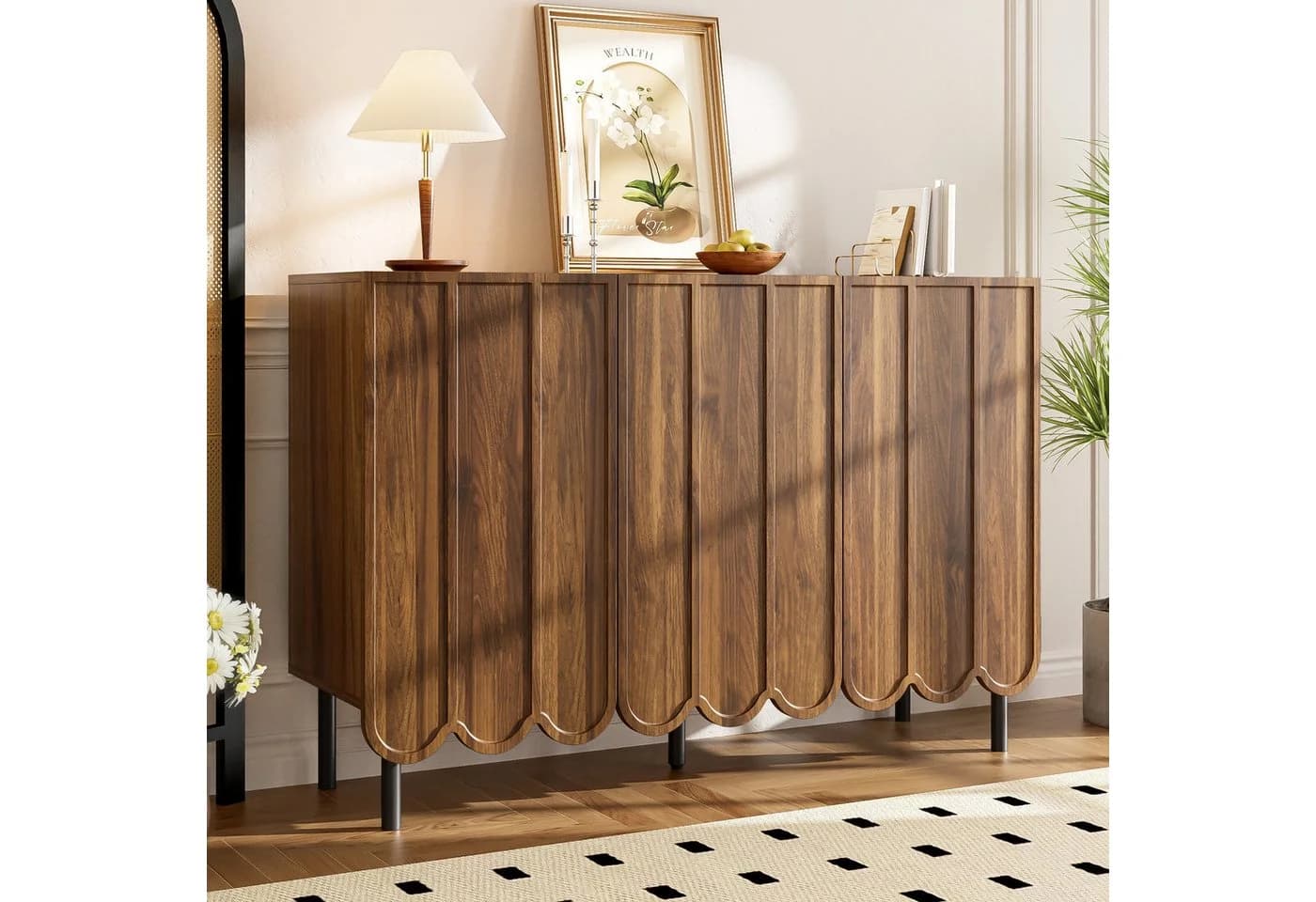Merax Sideboard in Holzoptik mit Push-to-Open-System, Kommode mit 3 Wellentüren & verstellbaren Regalen - Bild 2