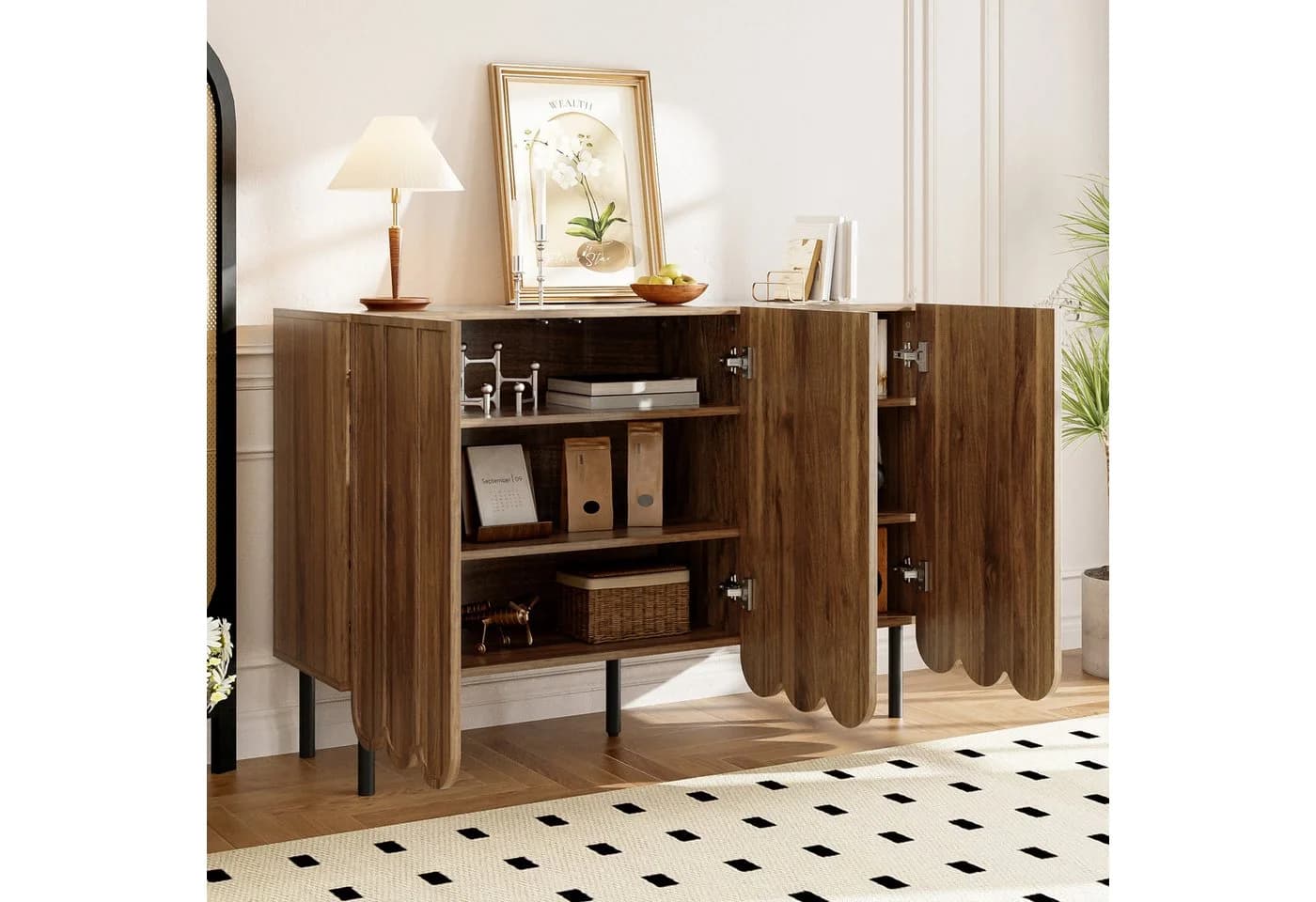 Merax Sideboard in Holzoptik mit Push-to-Open-System, Kommode mit 3 Wellentüren & verstellbaren Regalen - Bild 3