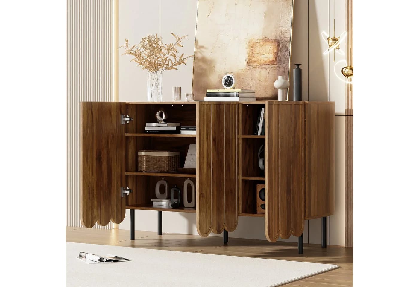 Merax Sideboard in Holzoptik mit Push-to-Open-System, Kommode mit 3 Wellentüren & verstellbaren Regalen - Bild 4