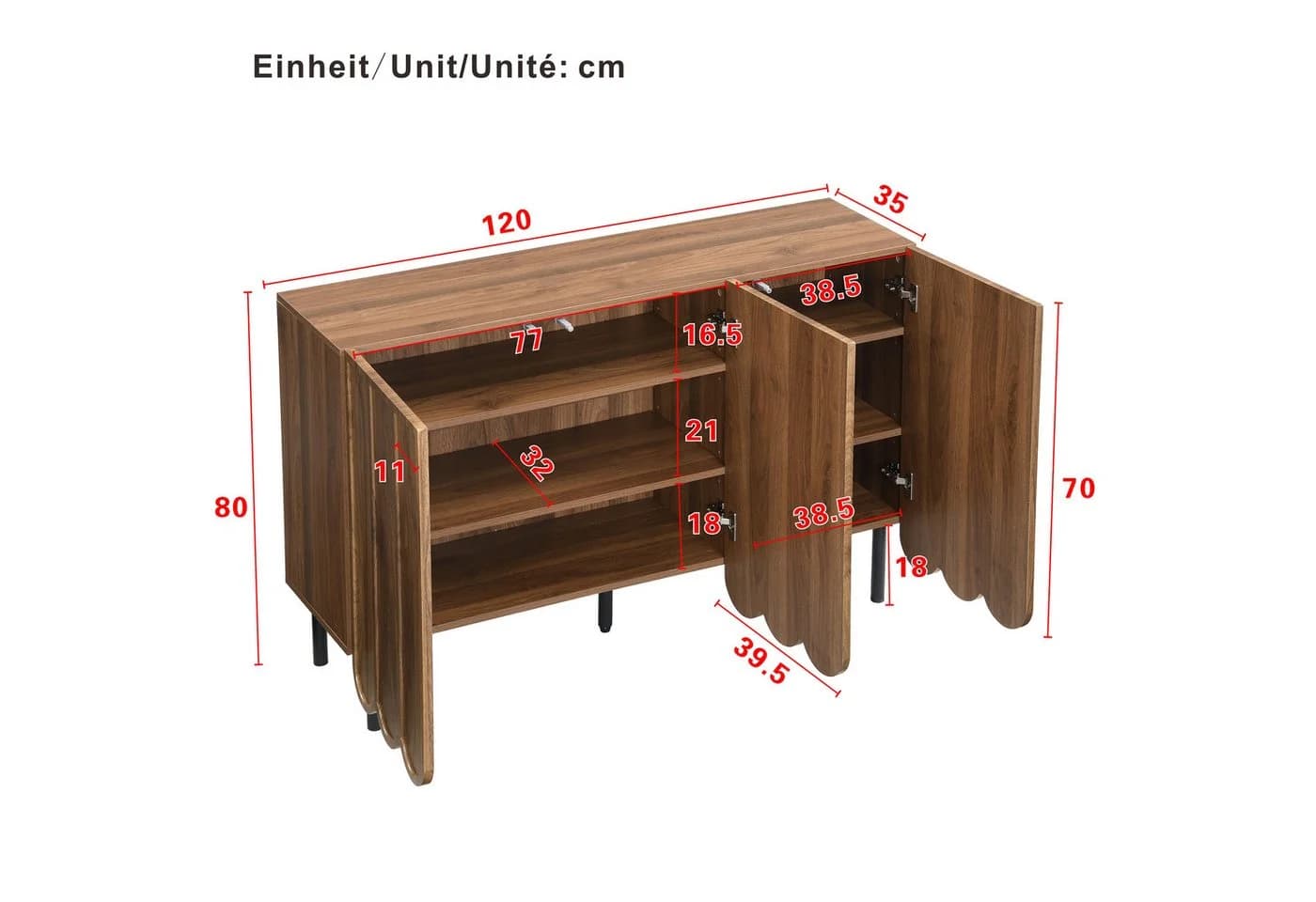 Merax Sideboard in Holzoptik mit Push-to-Open-System, Kommode mit 3 Wellentüren & verstellbaren Regalen - Bild 5
