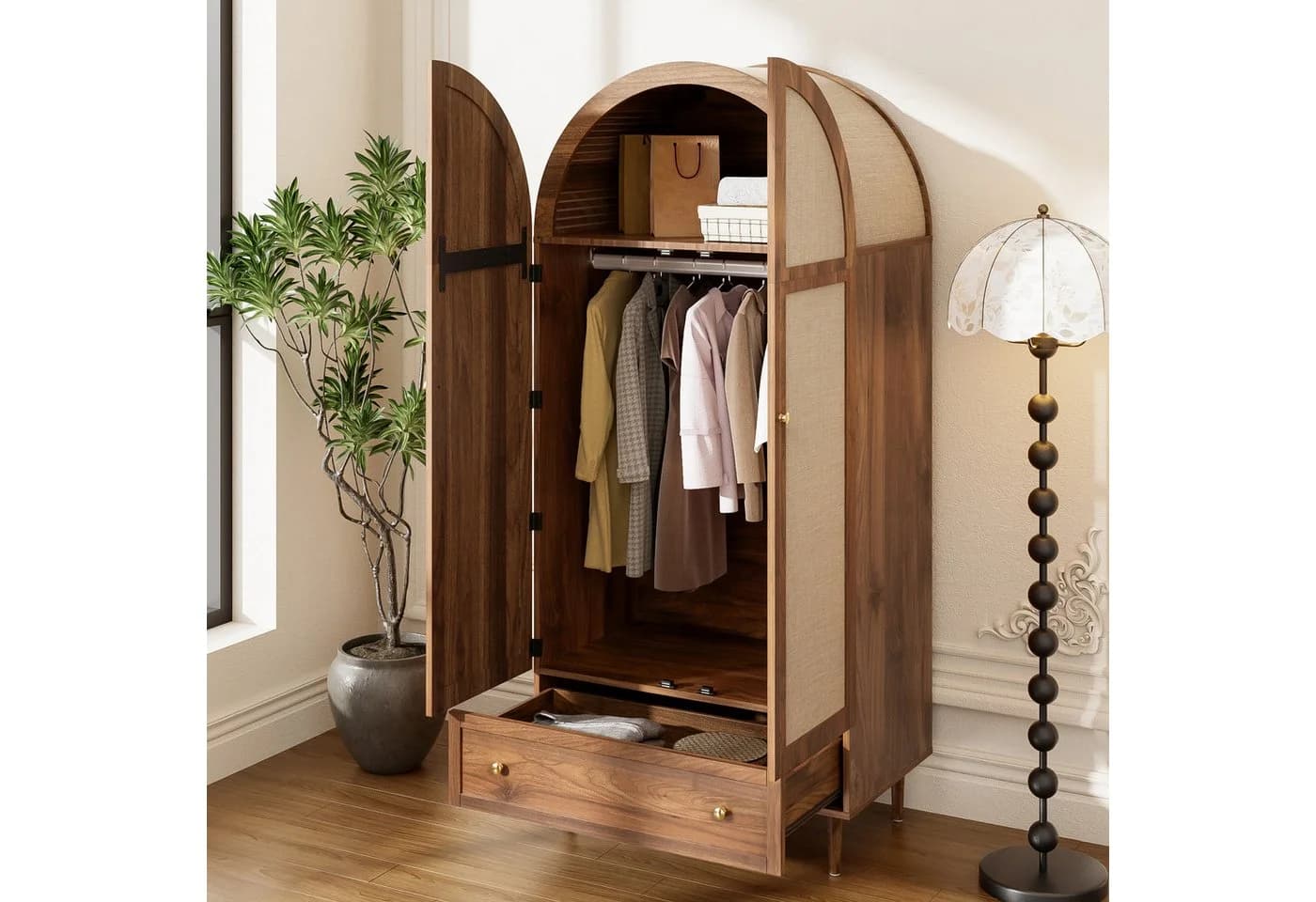 Merax Kleiderschrank Walnussoptik mit Stofftüren & Schublade - Bild 5