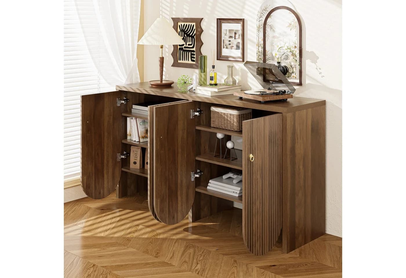 Merax Sideboard in Walnussoptik Kommode mit 4 Türen - Bild 3