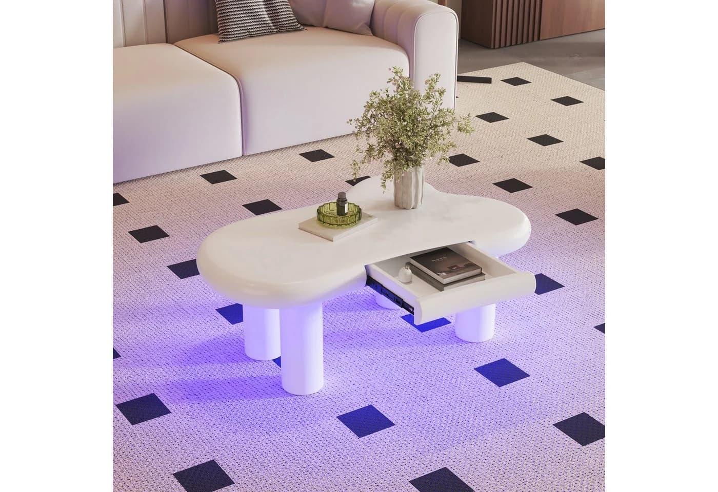 Merax Couchtisch Wolke Weiß mit LED und Schublade