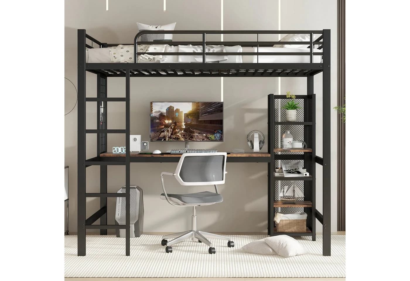 Merax Hochbett 90x200 mit Schreibtisch und Regal Schwarz