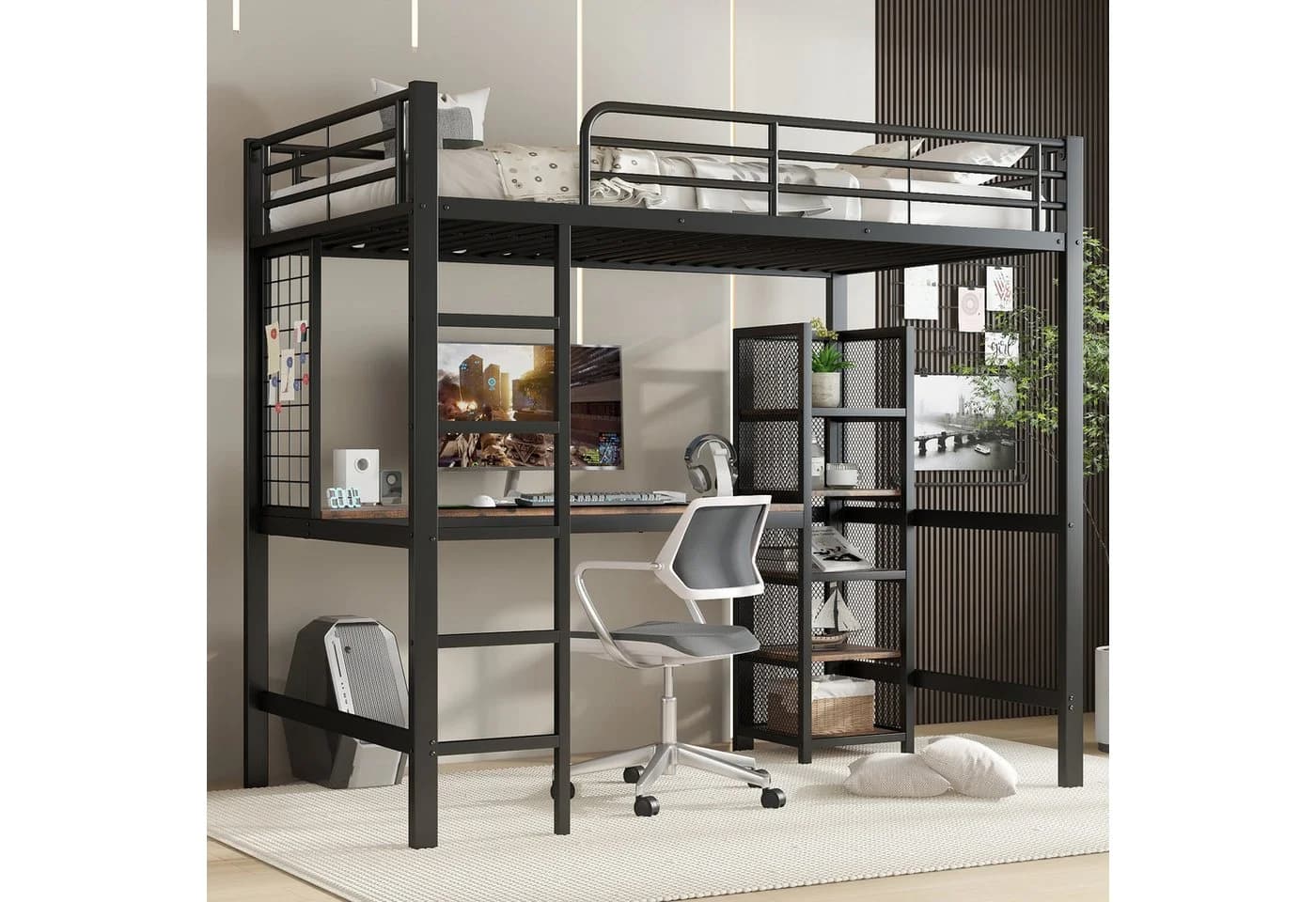 Merax Hochbett 90x200 mit Schreibtisch und Regal Schwarz - Bild 2