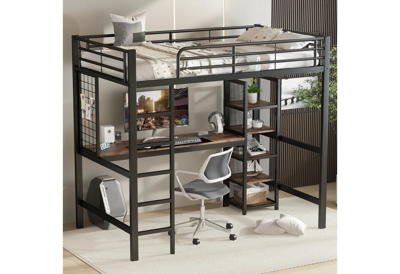 Merax Hochbett 90x200 mit Schreibtisch und Regal Schwarz - Bild 3