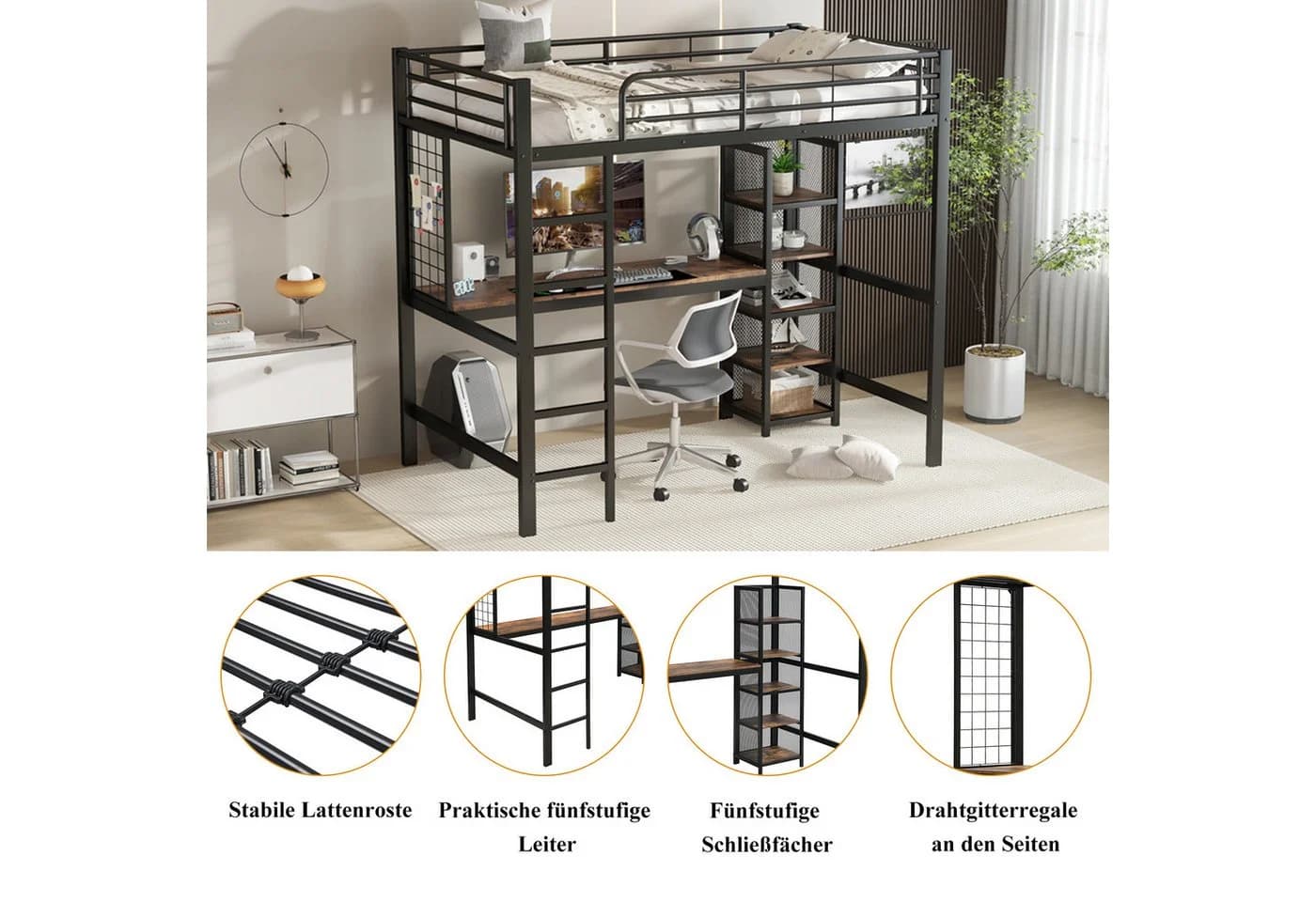 Merax Hochbett 90x200 mit Schreibtisch und Regal Schwarz - Bild 4