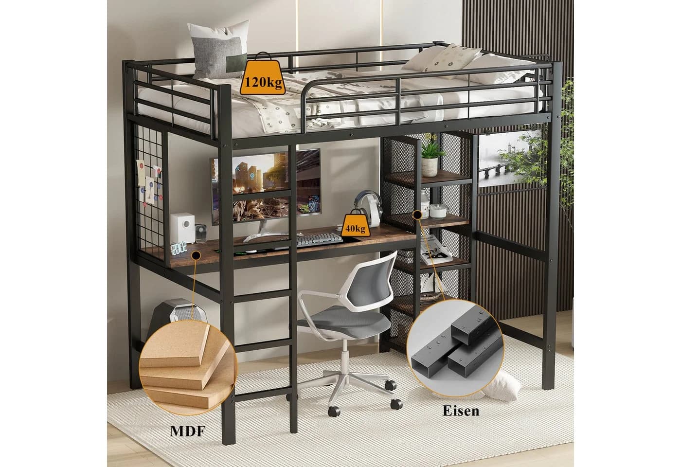 Merax Hochbett 90x200 mit Schreibtisch und Regal Schwarz - Bild 5