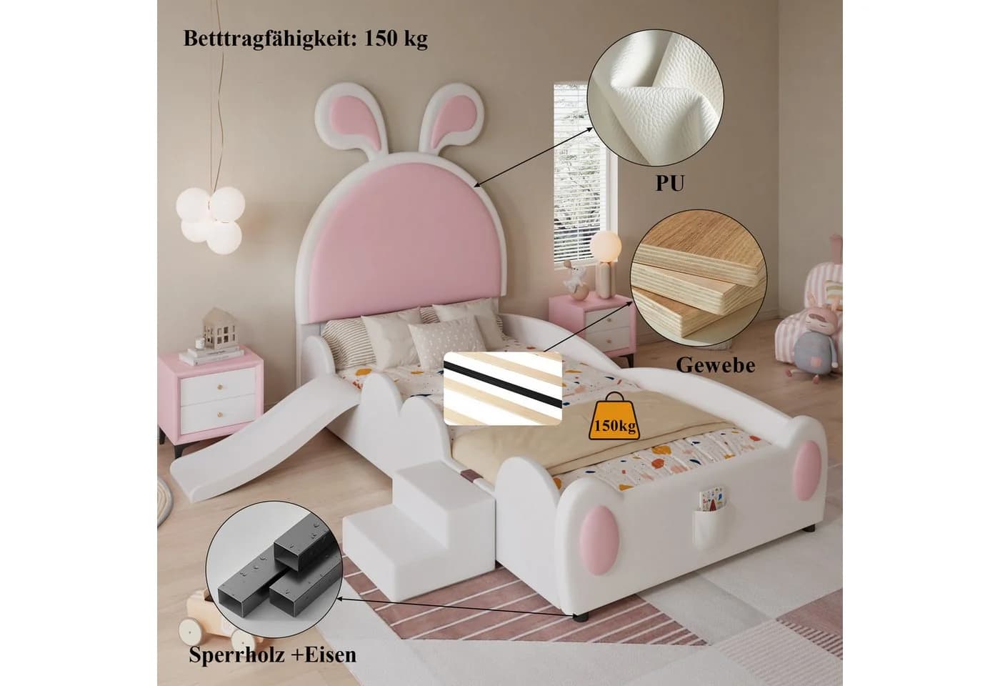 Merax Polsterbett mit Hasenohren Weiß/Rosa mit Rutsche - Bild 4