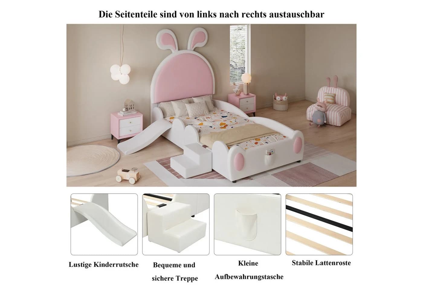 Merax Polsterbett mit Hasenohren Weiß/Rosa mit Rutsche - Bild 5