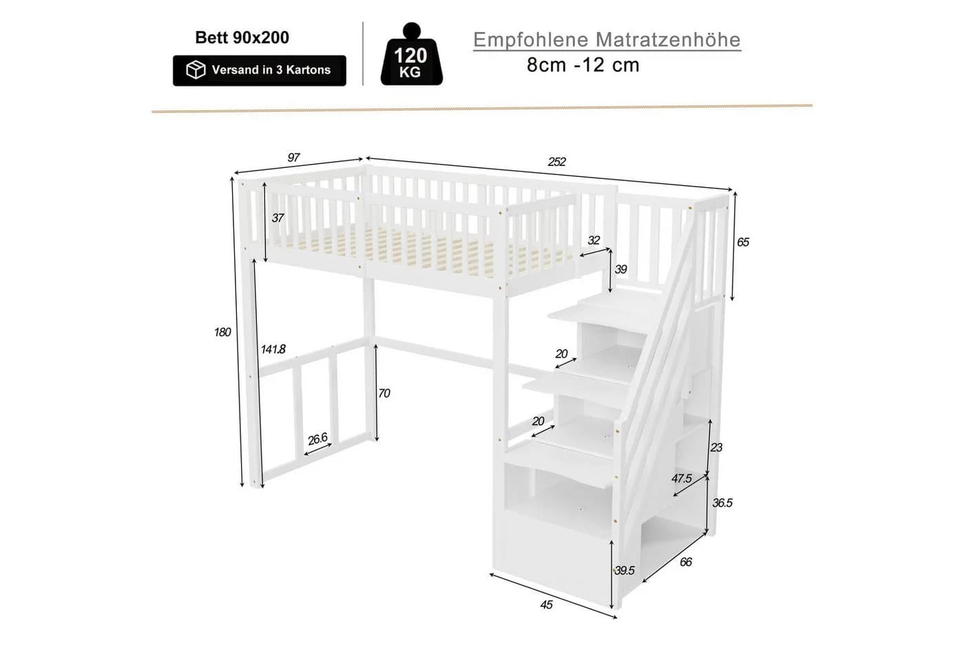 Merax Hochbett 90x200 Weiß mit Stauraumtreppe & Sicherheitsgeländer - Bild 3