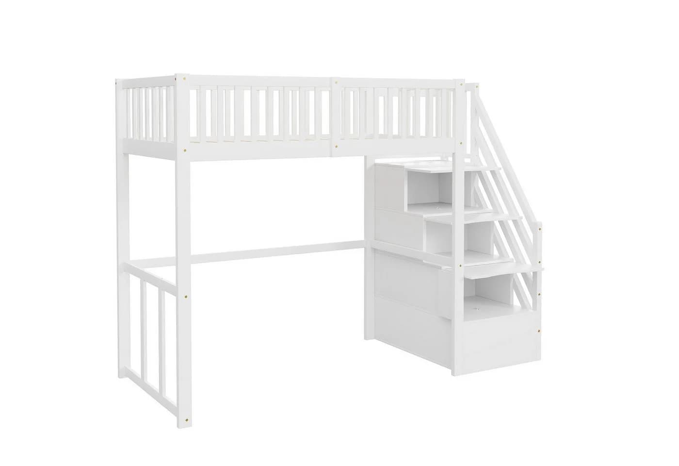Merax Hochbett 90x200 Weiß mit Stauraumtreppe & Sicherheitsgeländer - Bild 4