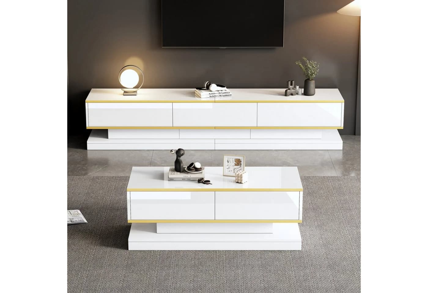 Merax Wohnzimmer-Set Modern 121 Hochglanz Weiß Gold