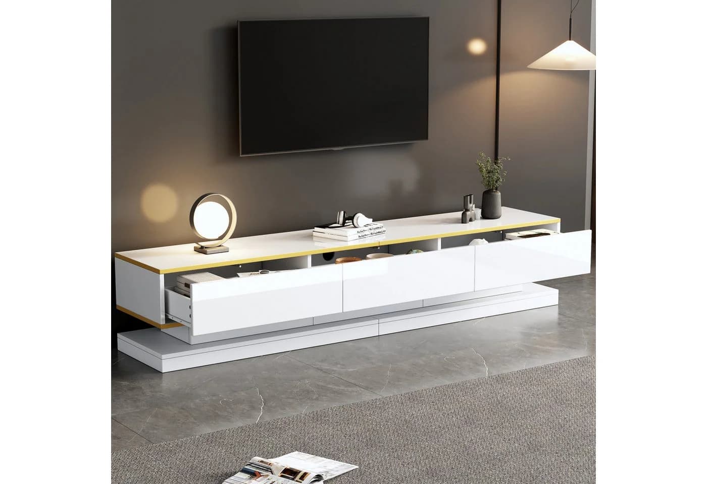 Merax Lowboard Hochglanz TV-Schrank Warmweiß Goldkante