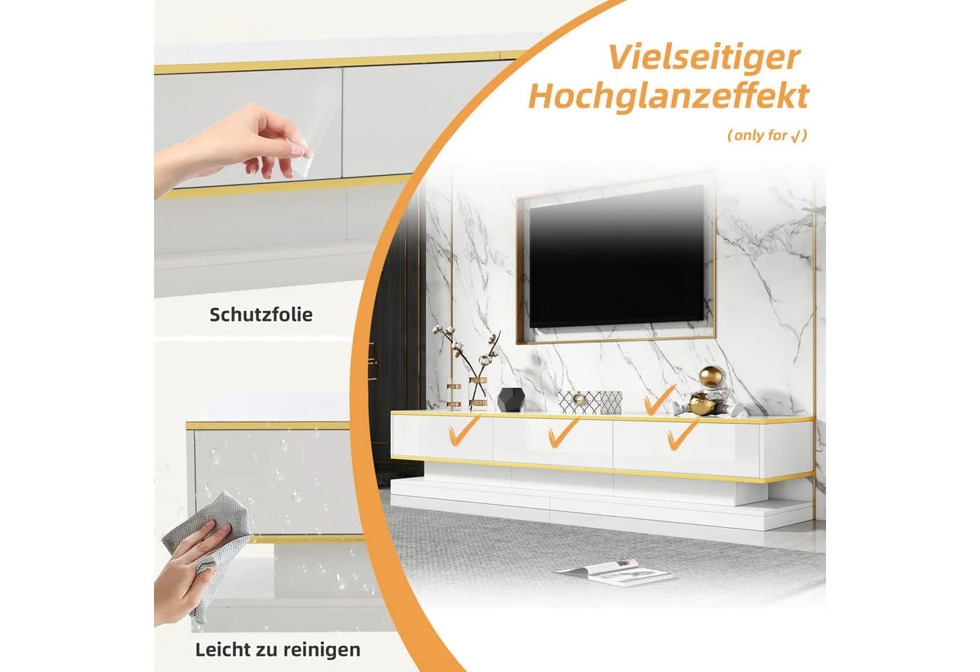 Merax Lowboard Hochglanz TV-Schrank Warmweiß Goldkante - Bild 5