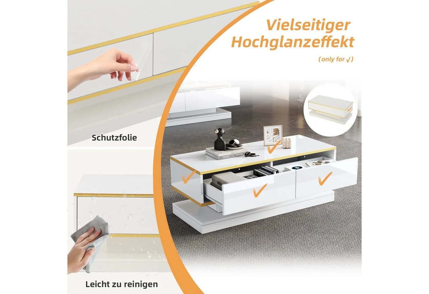 Merax Couchtisch Hochglanz Warmweiß mit 2 Schubladen Goldkante - Bild 5
