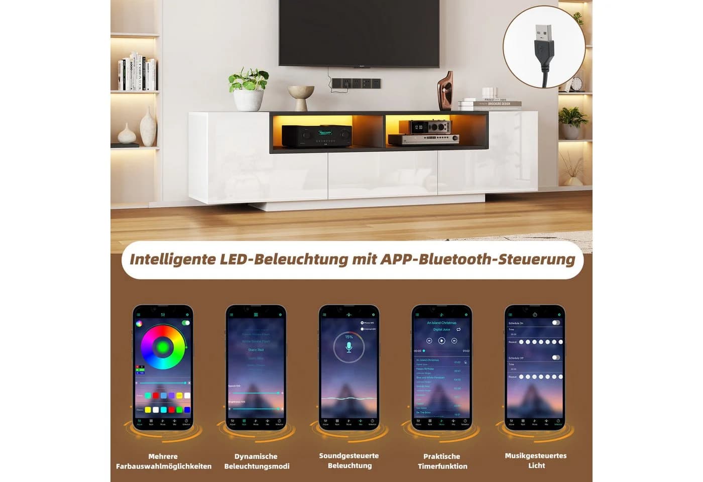 Merax Lowboard Hochglanz Fernsehschrank mit LED-Beleuchtung & App-Steuerung - Bild 5