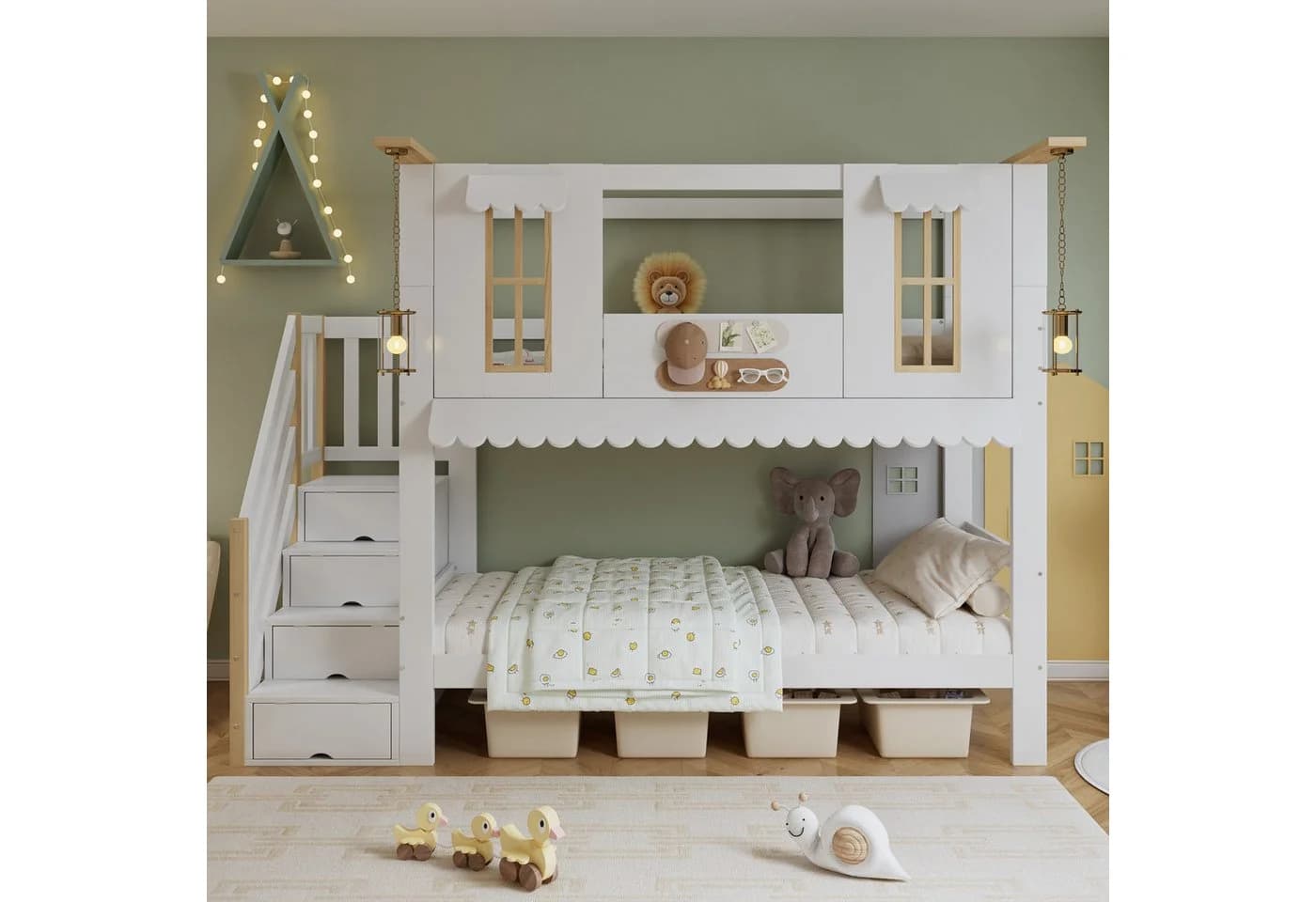 Merax Etagenbett Kieferholz Kinderbett 90x200cm mit Aufbewahrungstreppe