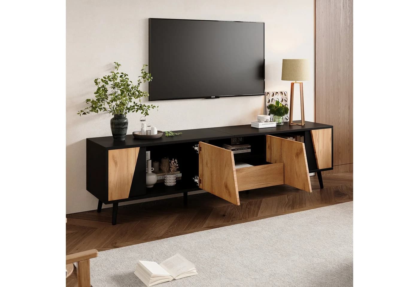 Merax Lowboard Schwarz-Holz-Optik TV-Schrank mit 2 Türen