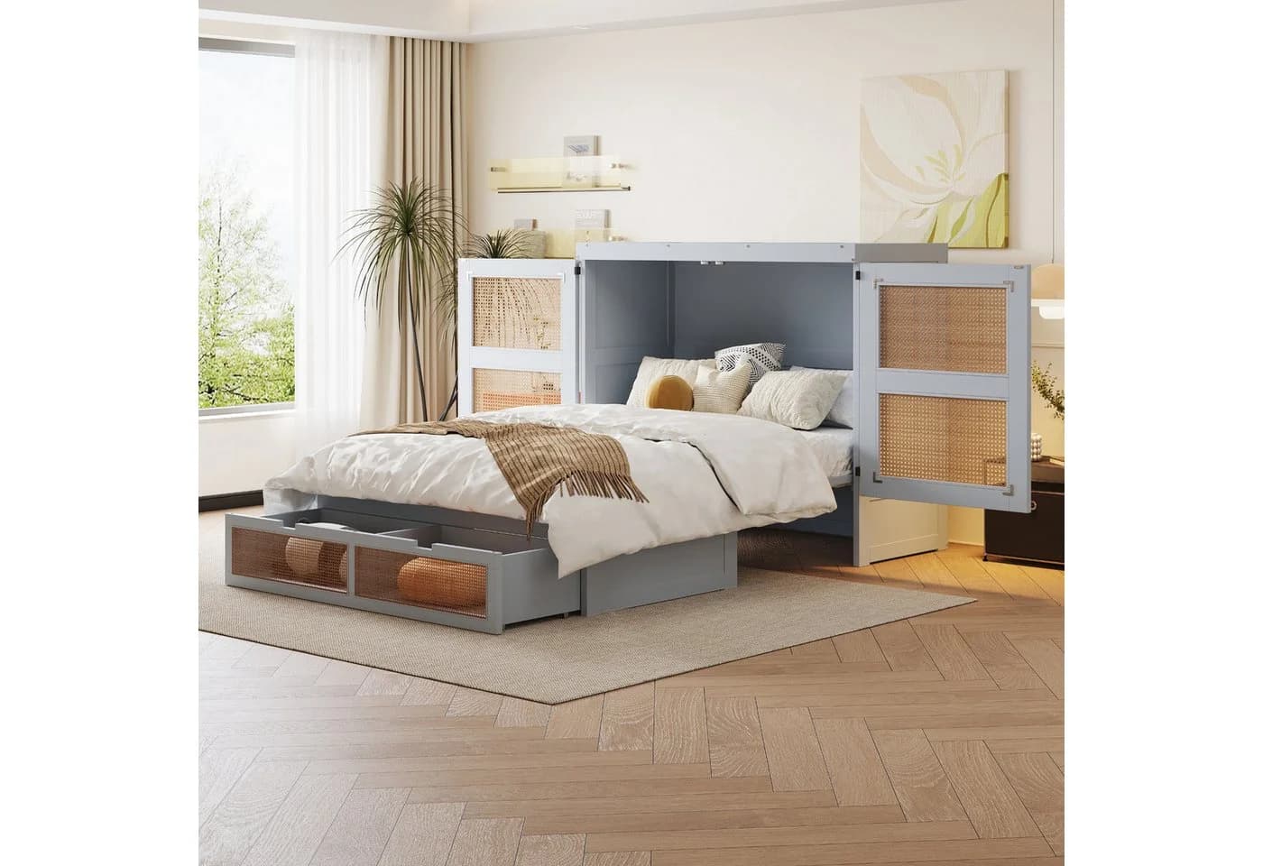 Merax Schrankbett Grau Rattanfront 140x200cm mit Schubladen - Bild 2