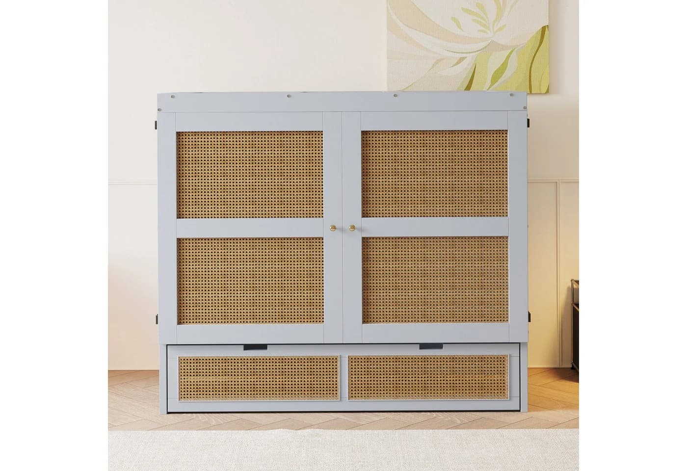 Merax Schrankbett Grau Rattanfront 140x200cm mit Schubladen - Bild 3