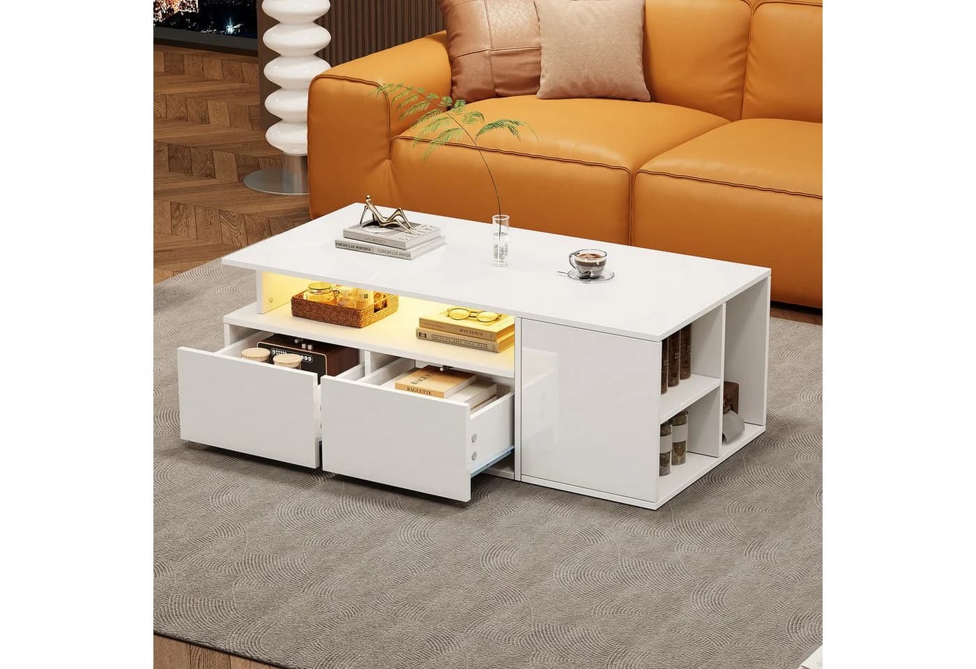 Merax Couchtisch Hochglanz mit LED-Beleuchtung und Stauraum