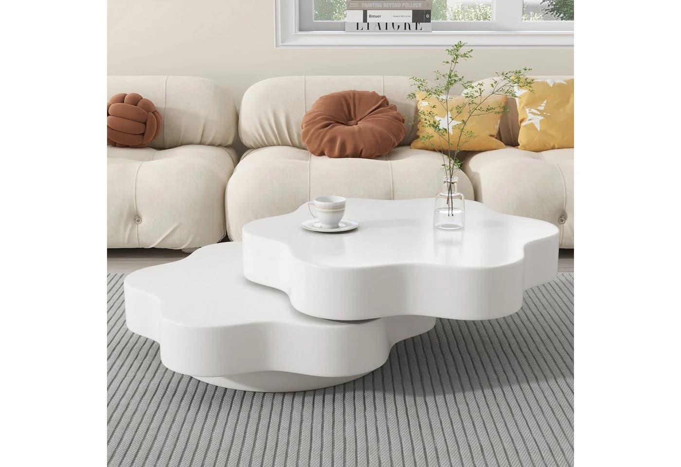 Merax Blumenförmiger Couchtisch Cremeweiß 360° Drehbar