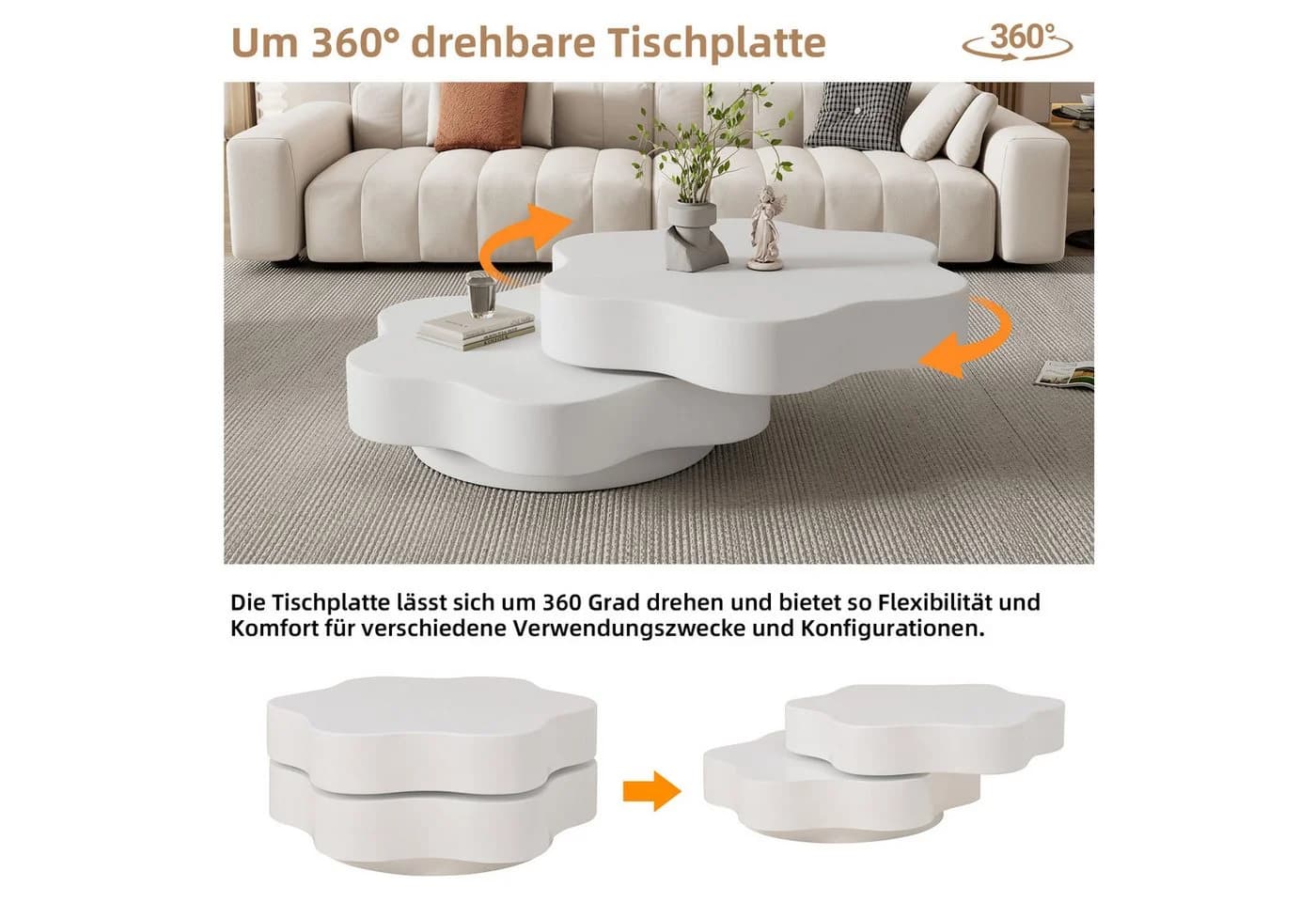 Merax Blumenförmiger Couchtisch Cremeweiß 360° Drehbar - Bild 5