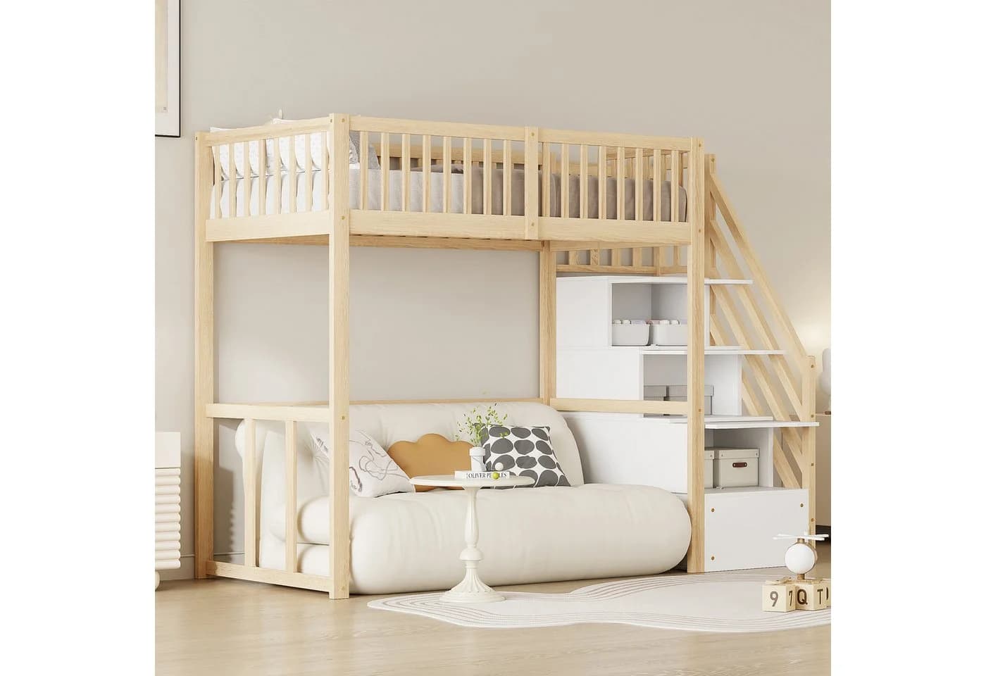 Merax Hochbett 90x200 Weiß mit Stauraumtreppe & Sicherheitsgeländer - Bild 3