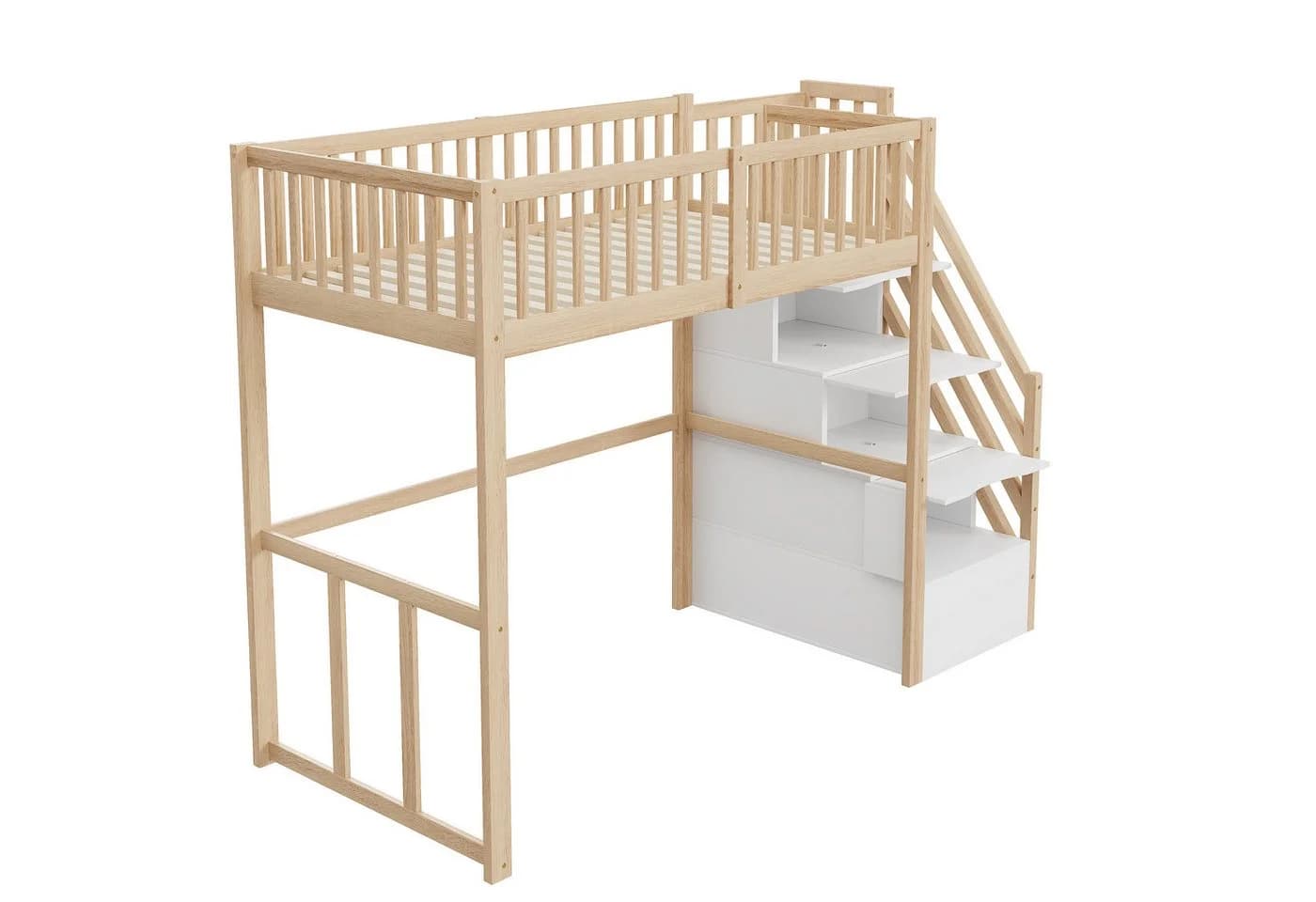 Merax Hochbett 90x200 Weiß mit Stauraumtreppe & Sicherheitsgeländer - Bild 5