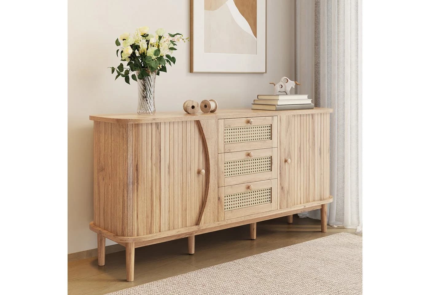 Merax Sideboard Holzoptik Rattan-Schubladen 140,5x40x76cm