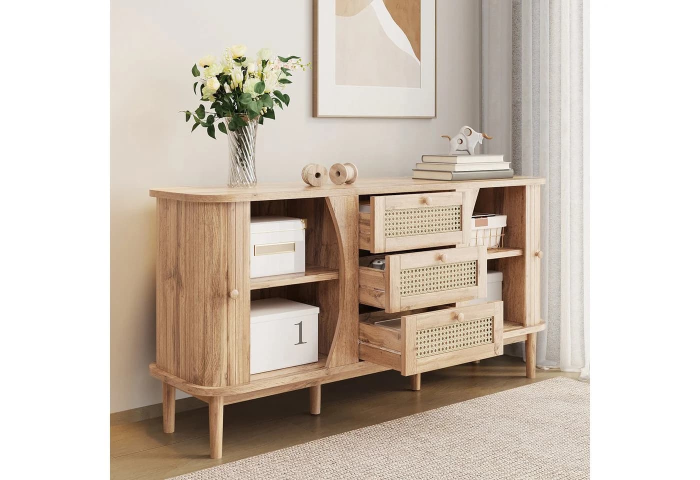Merax Sideboard Holzoptik Rattan-Schubladen 140,5x40x76cm - Bild 3