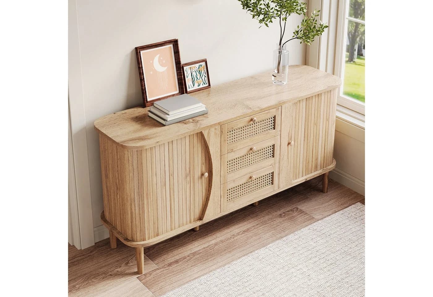 Merax Sideboard Holzoptik Rattan-Schubladen 140,5x40x76cm - Bild 5