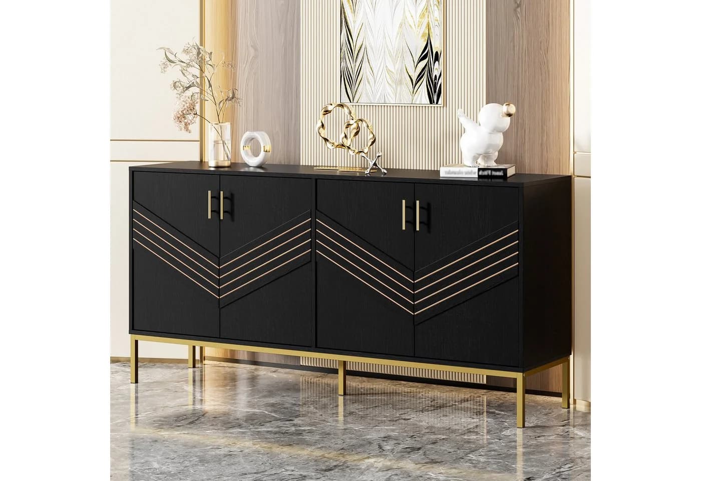 Merax Sideboard Weiß Gold 4 Türen Höhenverstellbare Regale - Bild 4