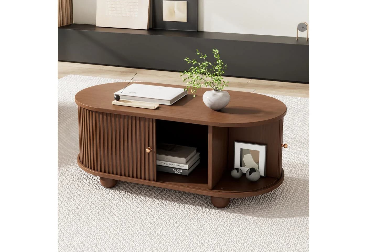 Merax Couchtisch Oval Holzoptik mit Schiebetüren