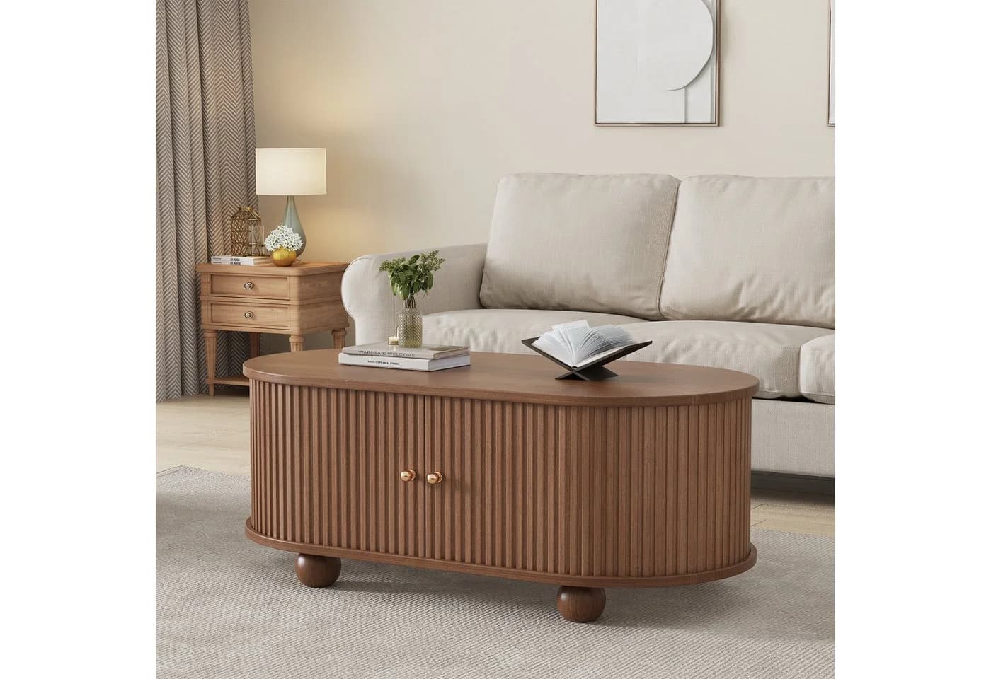 Merax Couchtisch Oval Holzoptik mit Schiebetüren - Bild 3