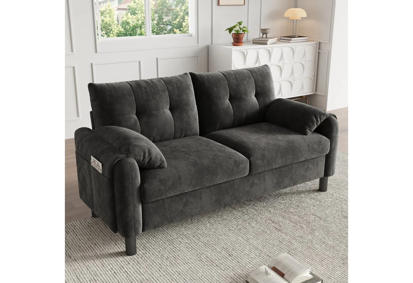 Merax 2-Sitzer Sofa aus Chenille-Stoff, Modulares Sofa, Couch Doppelsofa im skandinavischen Design für Wohnzimmer/Schlafzimmer 1 Teile, Polstersofa mit Armlehne, dicken Kissen & Seitentaschen, 158x80x88.5cm - Bild 2