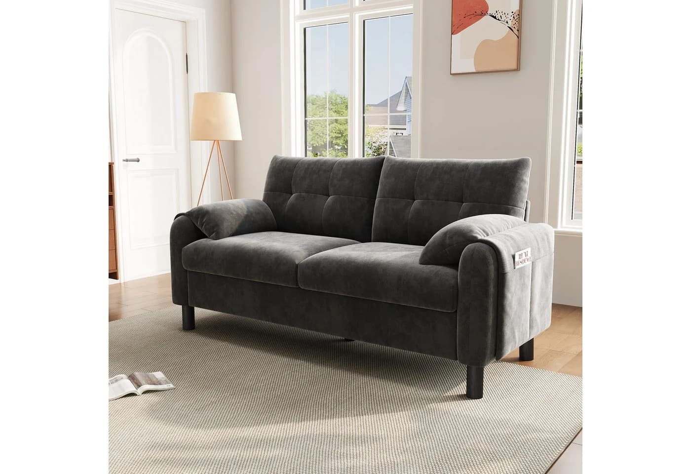 Merax 2-Sitzer Sofa aus Chenille-Stoff, Modulares Sofa, Couch Doppelsofa im skandinavischen Design für Wohnzimmer/Schlafzimmer 1 Teile, Polstersofa mit Armlehne, dicken Kissen & Seitentaschen, 158x80x88.5cm - Bild 3