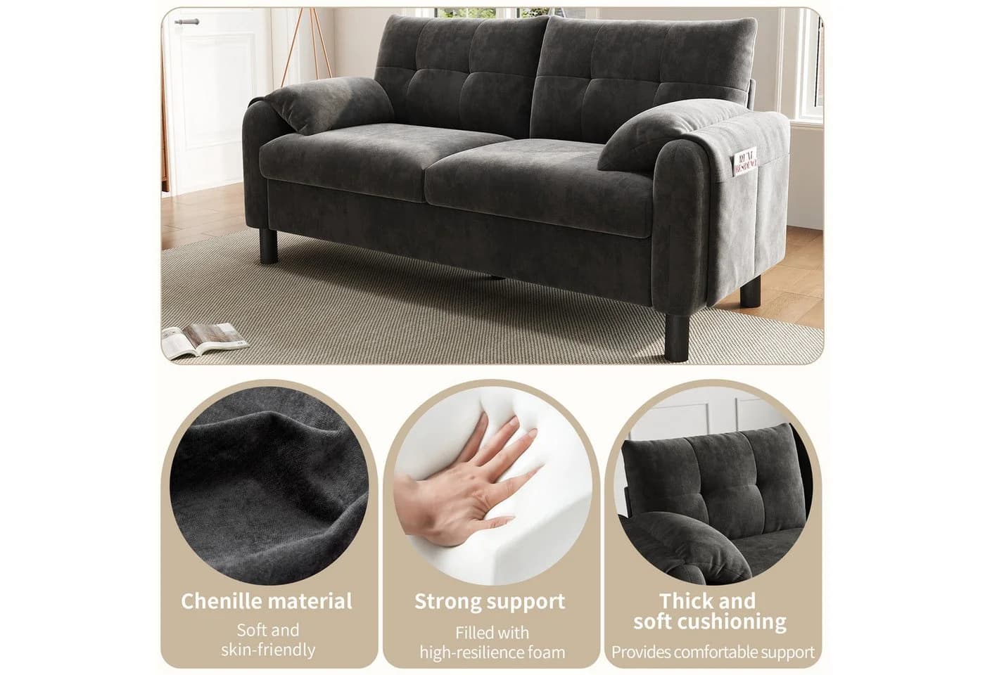Merax 2-Sitzer Sofa aus Chenille-Stoff, Modulares Sofa, Couch Doppelsofa im skandinavischen Design für Wohnzimmer/Schlafzimmer 1 Teile, Polstersofa mit Armlehne, dicken Kissen & Seitentaschen, 158x80x88.5cm - Bild 4