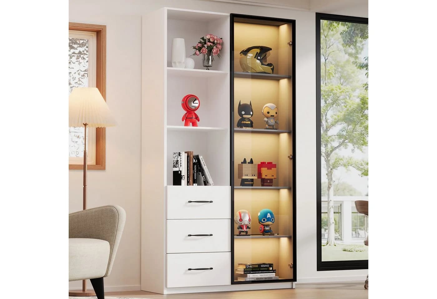 Merax LED-Vitrine Weiß mit Glastür und 3 Schubladen - Bild 2