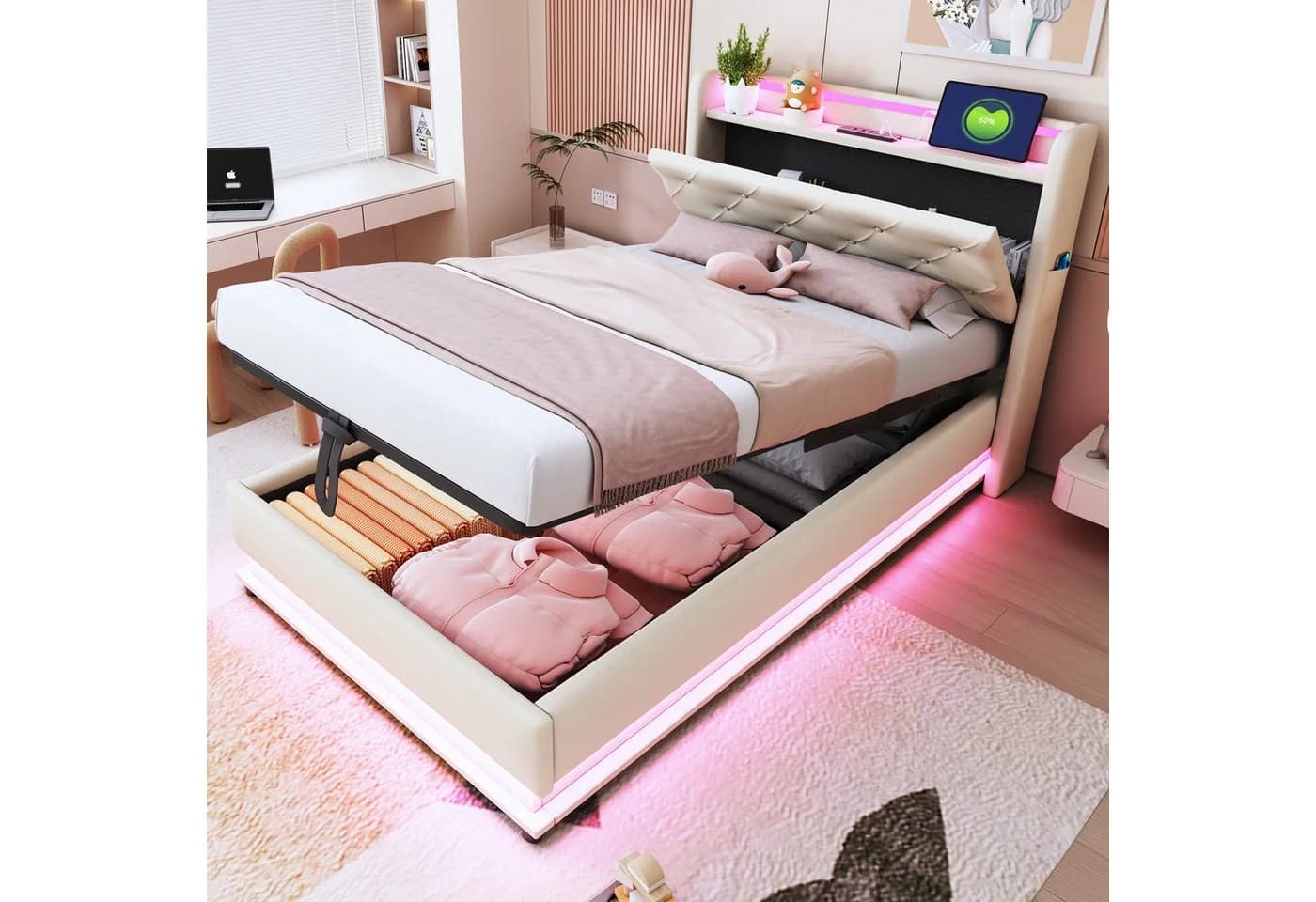 Merax Polsterbett mit LED-Beleuchtung und Stauraum Leinenstoff Beige/Grau - Bild 2