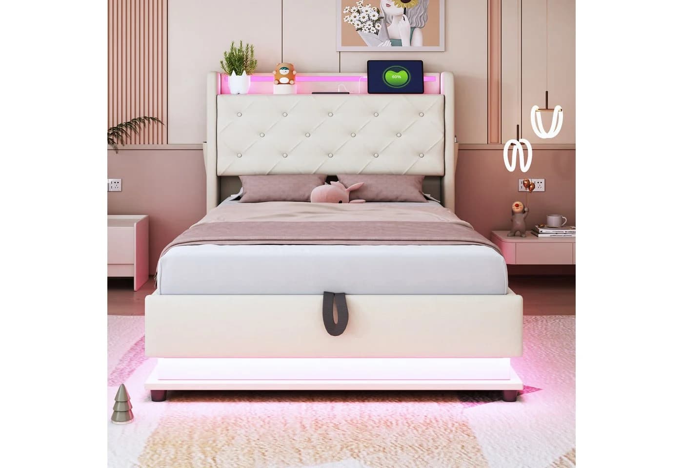 Merax Polsterbett mit LED-Beleuchtung und Stauraum Leinenstoff Beige/Grau - Bild 3