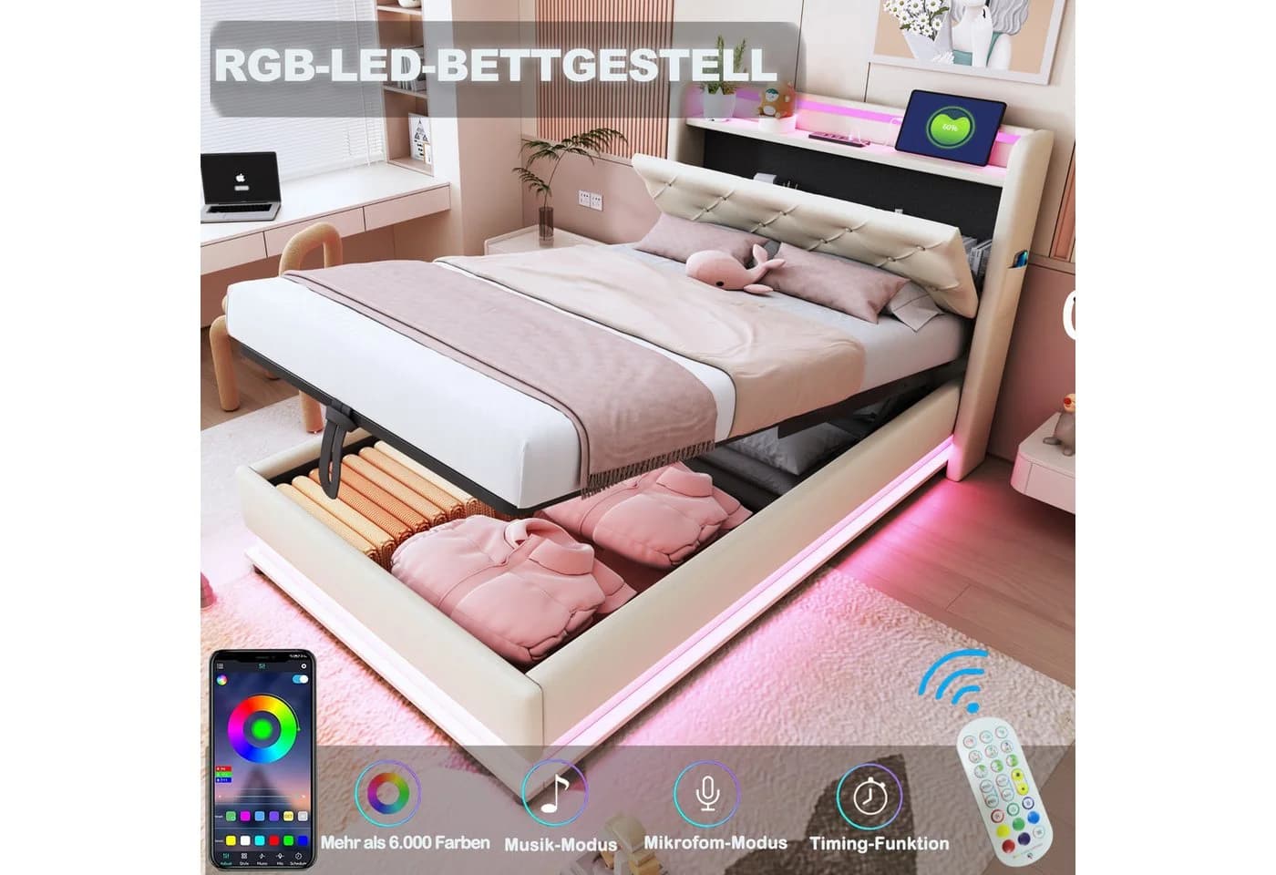 Merax Polsterbett mit LED-Beleuchtung und Stauraum Leinenstoff Beige/Grau - Bild 4
