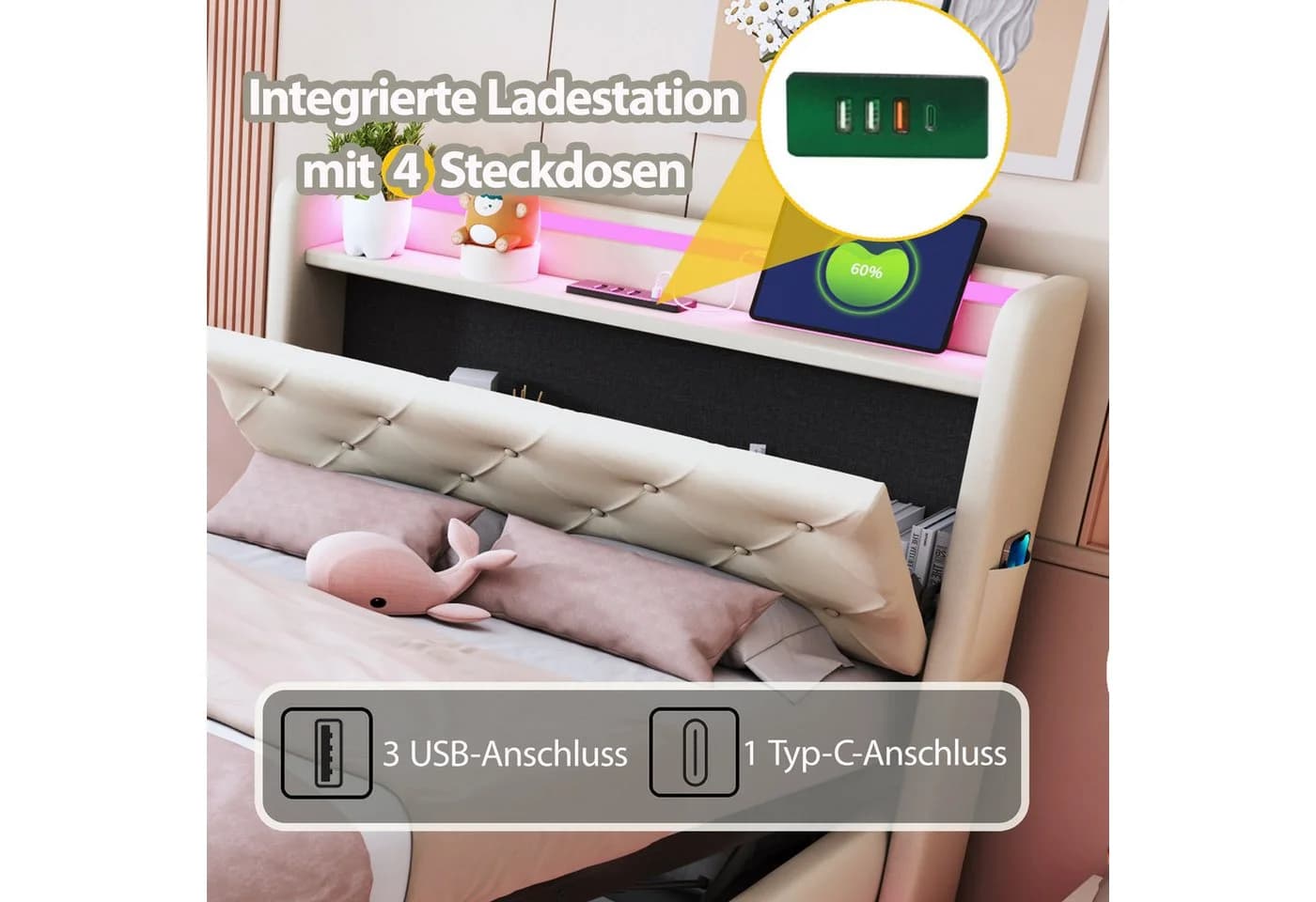 Merax Polsterbett mit LED-Beleuchtung und Stauraum Leinenstoff Beige/Grau - Bild 5