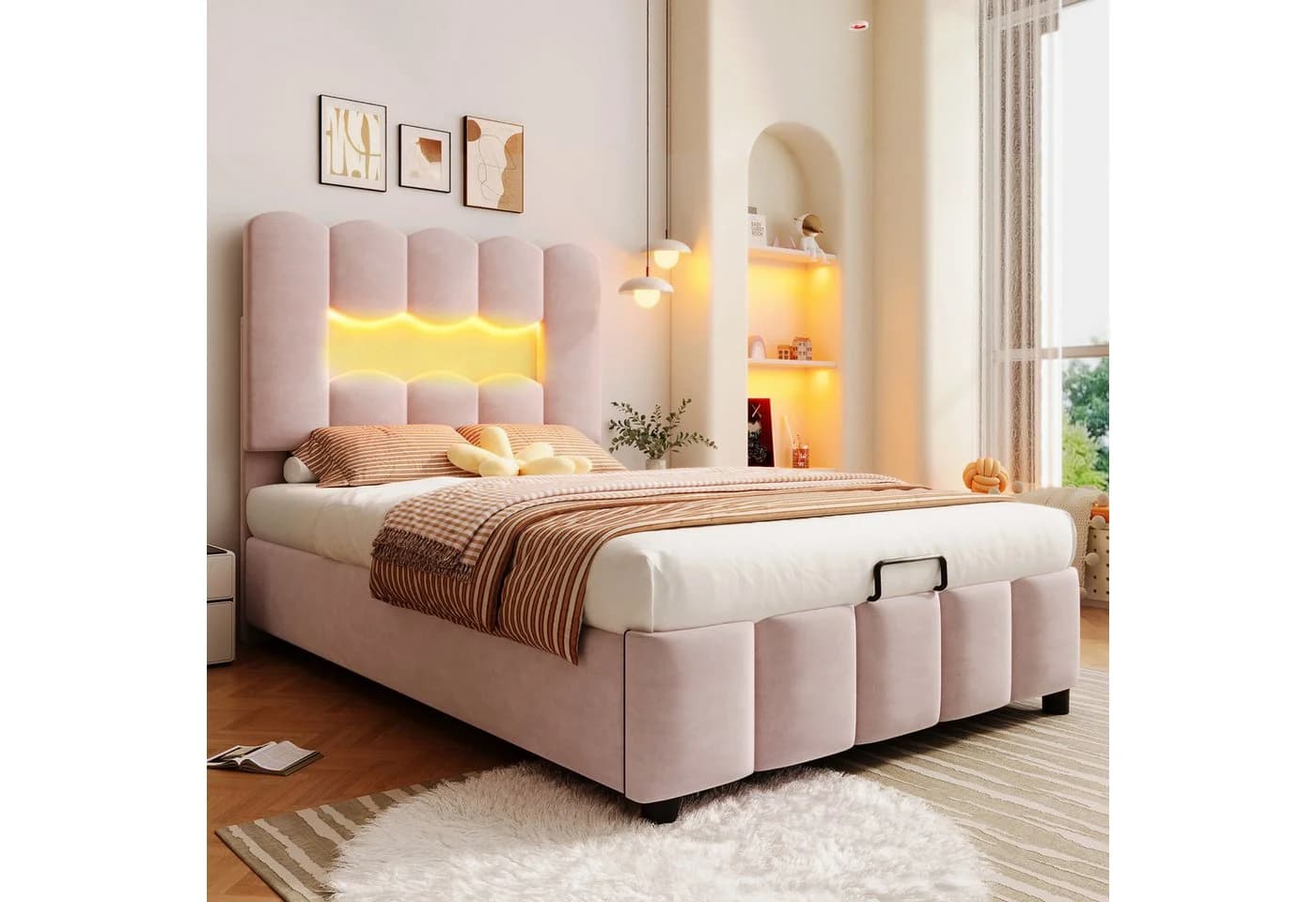 Merax Polsterbett 90x200cm mit LED-Beleuchtung & Stauraum Samt Rosa - Bild 4
